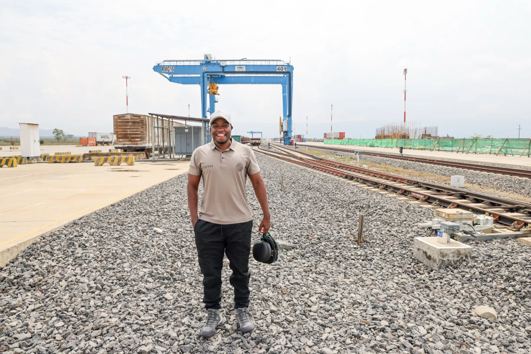 The inland container depot beside the Naivasha SEZ, showing a gantry crane, freight yard and the Standard Gauge Railway