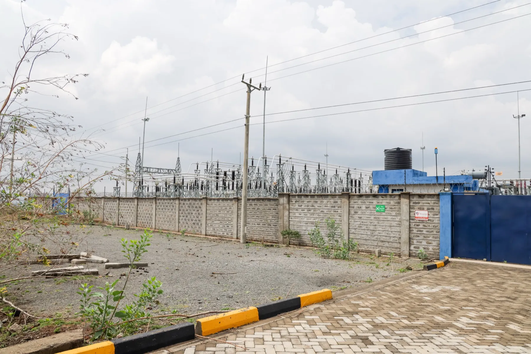 The 90 MVA substation serving Hells Gate, Naivasha SEZ, showing the open-air switchyard, perimeter wall and dual transmission feed